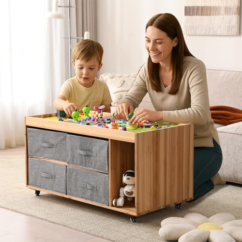 Image of BIRASIL Wooden Kids Activity Table with 8 Cubes Storage Boxes, Multi-Purpose Sensory Table with Wheels for Children, Play Table Compatible with Building Block Board for Preschool Toddler