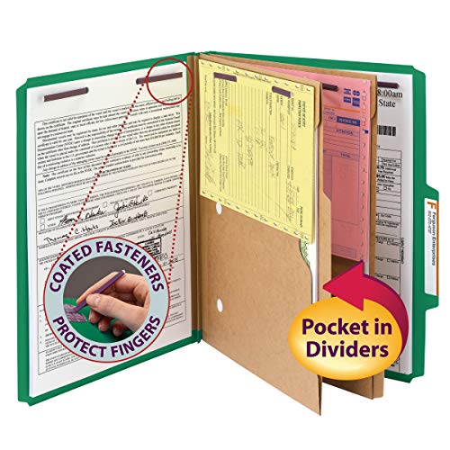 Smead Pressboard Classification File Folder With Safeshield Fasteners, 2 Pocket Dividers, 2" Expansion, Letter Size, Green, 10 Per Box (14083) #TOP1