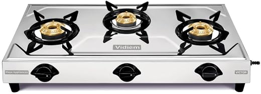 Vidiem Victor Stainless Steel Gas Stove 3 Burner| Brass Burners | Mirror Finish | Large Cooking Space | Anti-Rust | High E...