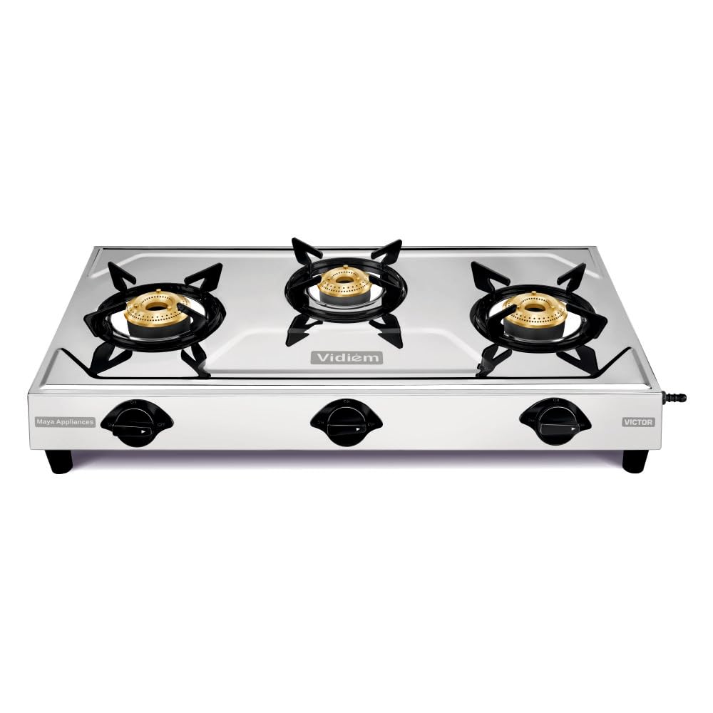 Vidiem Victor Stainless Steel Gas Stove 3 Burner| Brass Burners | Mirror Finish | Large Cooking Space | Anti-Rust | High Efficiency | ISI Certified | 5 Year Warranty