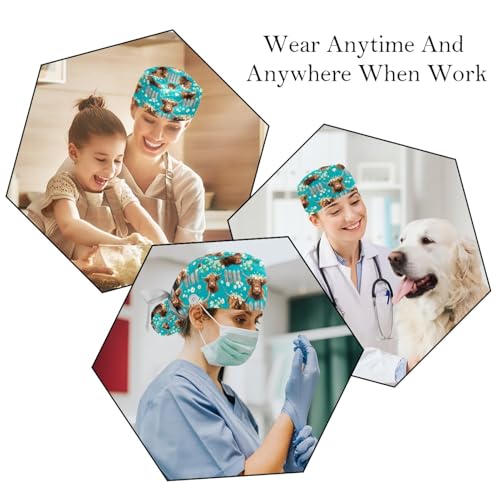 Image of 2 PCS Bouffant Cap with Button Ponytail Pouch Working Cap Sweatband Adjustable Surgical Cap Black and White Cow