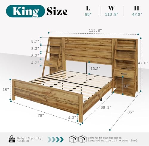 Image of AMERLIFE King Size Platform Bed Frame with Wide Headboard & Bookshelves