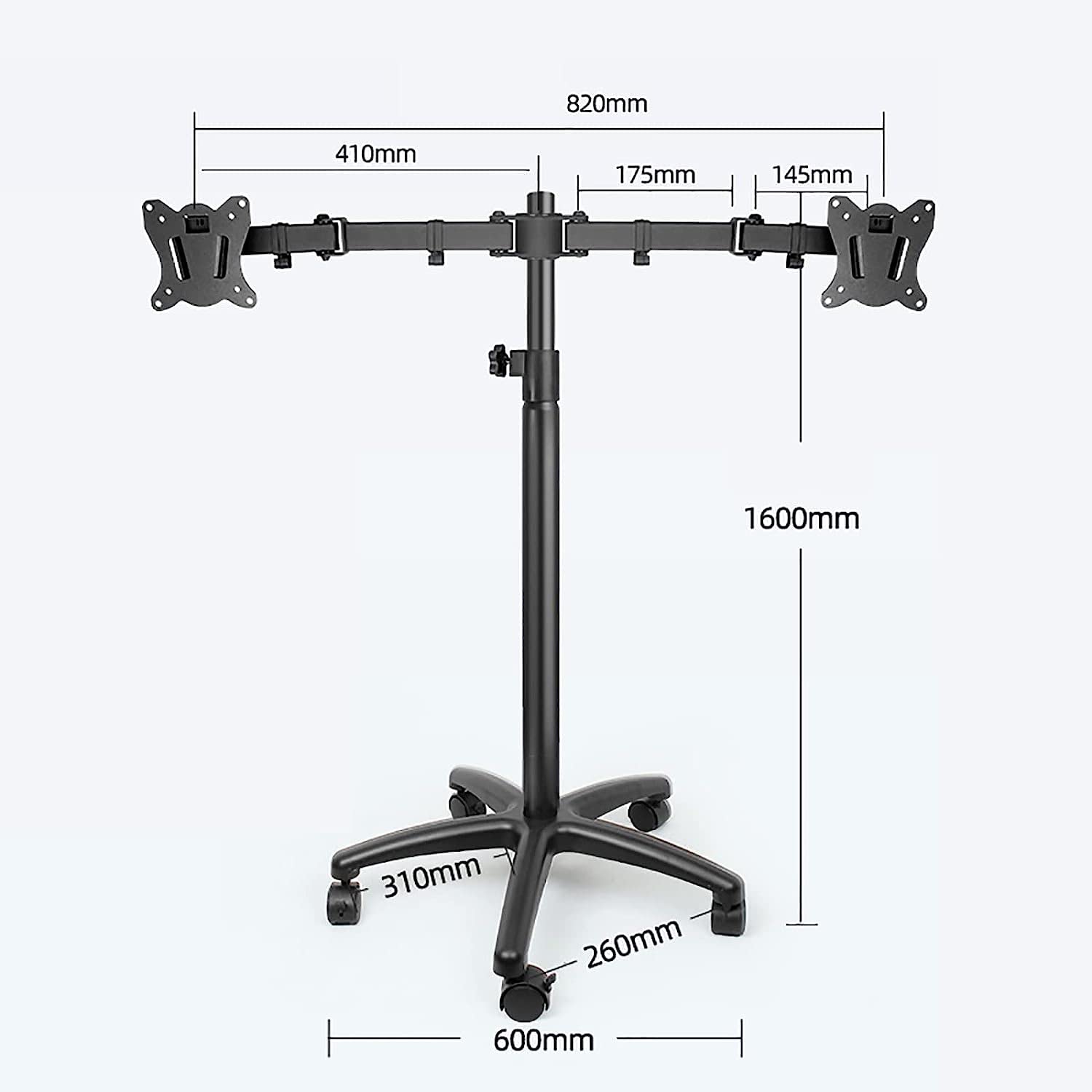Supporto da pavimento per monitor a schermo piatto/curvo a 2 movimenti, con ruote, regolazione dell'altezza, adatto per monitor da 12 a 27 pollici
