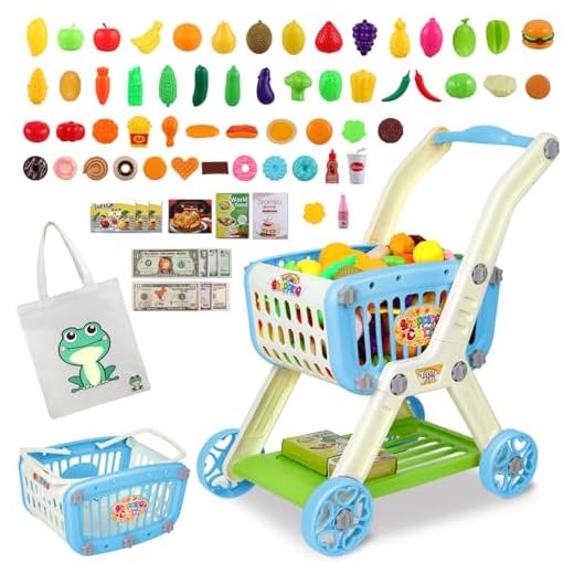 Kids Shopping Cart - 2 in 1 Toy Shopping Cart with Play Food Fruit Vegetable Dessert and Shop Accessories, 72pcs Pretend Play Grocery Store Toy Kitchen Game Trolley Play Set for Kids (Blue)