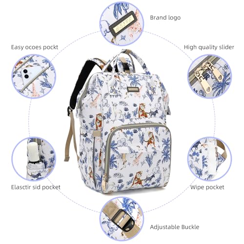 Image of Diaper Bag Backpack, Diaper Bags for Baby Girls Boys, Baby Bags for Moms Dads, Nappy Changing Bag with Insulated Pockets,Multi-functional Waterproof Backpack with Stroller straps-Animal World White