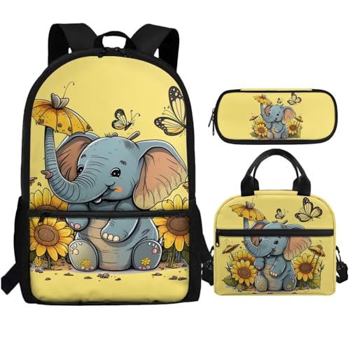 Elephant Kids Backpack With Lunch Box for Girls 8-10 10-12 Sunflower Bookbag Elementary School Bag Insulated Lunchbag Pencil Case Cute Book Bags 3Rd-6Th Grade Butterfly Schoolbag