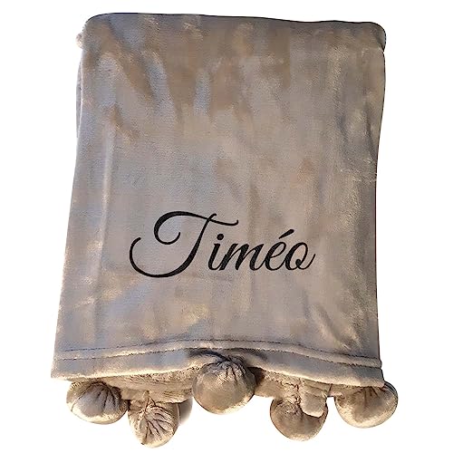 Vanevitch - Plaid personnalisé pompon BEIGE, 100x75cm, cadeau personnalisé avec un prénom, noël, anniversaire fille garçon