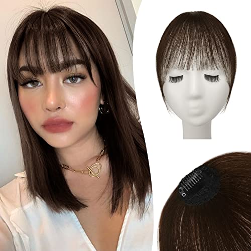 RUWISS Wispy Bangs Hair Clip in Extensions 100% Real Human Hair Clip on Bangs with Temples Hairpieces Faux Bangs Clip in Hair Bangs for Women (Dark Brown 2)