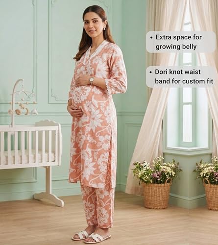 Image of DUMMY SHAPE Maternity Dresses for Women Cotton | Floral Kurta Pant Dupatta Set with Nursing Zippers, Side Pocket | Pre & Post Pregnancy | Feeding Kurti Suit | Baby Shower | Gifts for Pregnant Woman
