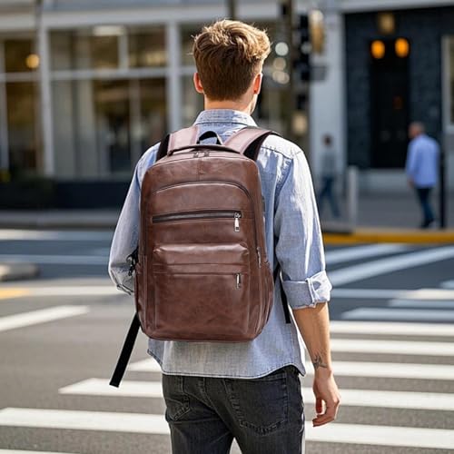 Mochila de piel marrón para hombre con compartimentos 28x14x40 cm 3