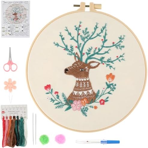 JOINRUN Embroidery Starter Kit for Beginners Adults: DIY Deer Cross Stitch Kit for Craft Lover Learn Hand Stitch, Includes Stamped Pattern,Hoop, Easy to Follow Instruction and Video