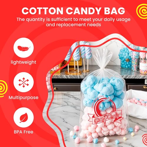 Image of Clear Cotton Candy Bags with Ties, Bulk 100 Count, Great for Cotton Candy Sticks and Cones, Individual Bags for Stands and Accessories