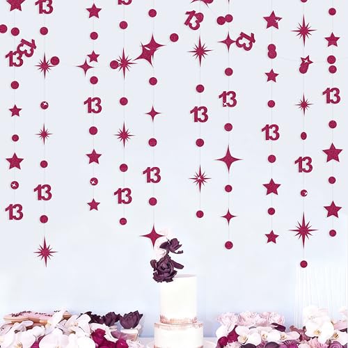 Image of Burgundy 13th Birthday Decorations Number 13 Circle Dot Star Garland Glitter Streamer Banner Backdrop for Girls Boys Official Teenager Cheers to 13 Years Old Birthday 13th Anniversary Party Supplies
