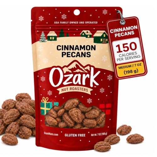 OZARK NUT ROASTERS: Cinnamon-Coated Pecans, Cinnamon Spice Flavored Snacks, World-Class Gourmet Candied Nuts, Resealable Pack, 7 oz (Holiday Packaging)