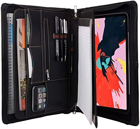 Zipper Leather Portfolio with Removable Tablet Holder, Padfolio Tablet Case with Stand Compatible for iPad Pro 12.9 2020 & 2018, 13.8x13.8x11.0 in. (1901Q-IP129-2018-BK)