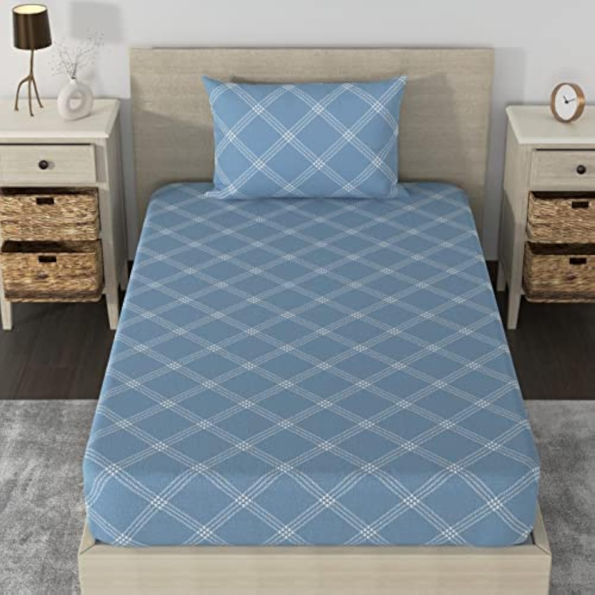 210 TC Pure Cotton Fitted Single Bedsheet with Pillow Cover