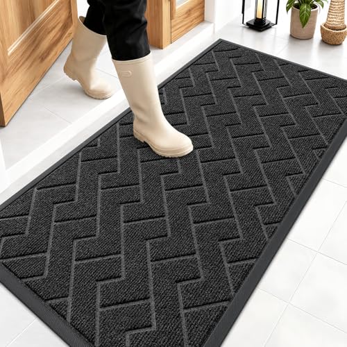 Image of OLANLY Front Door Mat Indoor Outdoor Entrance, Waterproof All-Season, All-Weather Doormat, Sturdy Natural Rubber, Low Profile, Easy Clean Patio Porch Entryway Mat, Herringbone Brick (Black, 47x23)