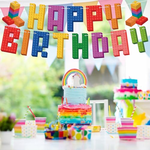 Image of Hooqict Building Block Happy Birthday Banner Building Block Birthday Party Decorations Building Bricks Garland Party Banner Blocks Theme Birthday Party Supplies for Boys Girls
