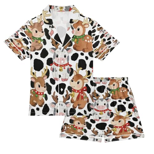 Satin Pajama Sets Short Sleeve Cute Deer on Cow Print Button Down Silky Nightwear 2 Piece PJS 5-14Y