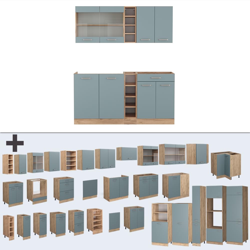 Vicco Cucina monoblocco R-Line, Rovere blu-grigio/oro, 160 cm Senza piano di lavoro, adatto per combinazioni ed espansioni personalizzate