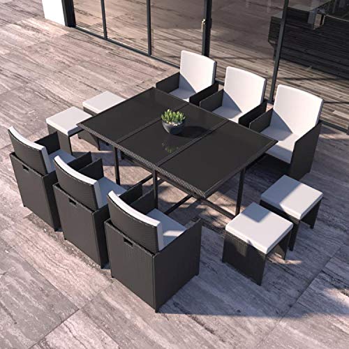 CONCEPT USINE - Salon De Jardin Florida 10 Personnes en Résine Tressée Noir - 1 Table en Verre - 6 Fauteuils - 4 Poufs - Coussins Blanc - Encastrable,...