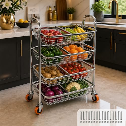 Image of MIKANIX Stainless Steel Vegetable & Fruit Storage Rack with Wheels, Kitchen Storage Basket Organizer, Rust Proof Stand for Onion, Potato, Fruits & Vegetables Trolley (4 Rack & 8 PARTITION)