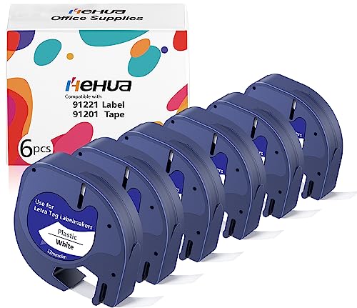 6x hehua Kompatybilny do Dymo Letratag 91221 S0721660 91201 12mm x 4m Etykiet Czarny na Białym, Zamiennik do Dymo Letratag Xr LT-100h LT110T LT-100T QX50 XR XM 2000 Plus
