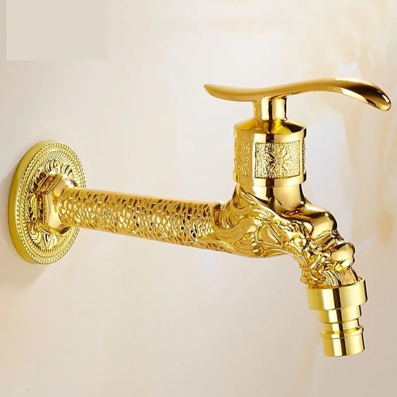 Gold-Plated Dragon Carving Washing Machine Faucet, Single-Handle Wall-Mounted Brass Tap for Balcony(F)