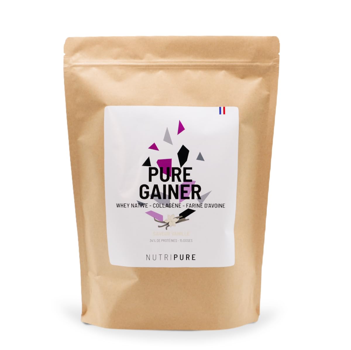 Nutripure - Pure Gainer - Prise de Masse Sèche - Goût Vanille - 1,2 kg | Développement Musculaire - Whey Native, Collagène & Farine d'Avoine - 27g Protéines, 36g Glucides - 15 Doses - Made in France