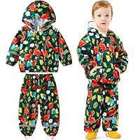 Baogaier Kids Waterproof Jacket and Trouser Set Boys Rain Suit Lightweight Mesh Lining Hooded Raincoat & Pants 2 pcs sets Puddle Suit Outwear Rainwear Age 3-4 Years, Dark Green Dinosaur