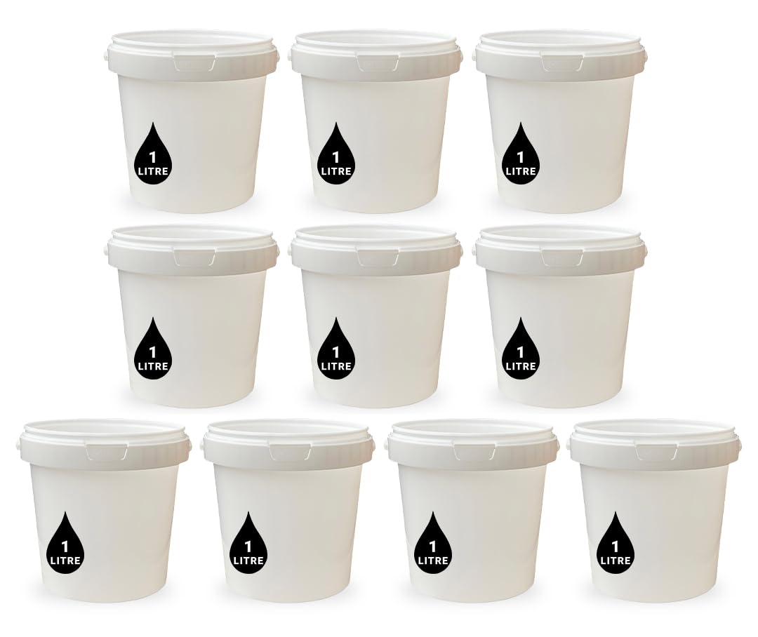 B&Q -  10 X 1L Plastic Bucket Pail + Handle & LidFood Grade Bpa Free For Feed Dry Food Liquids Chemicals Storage Container White