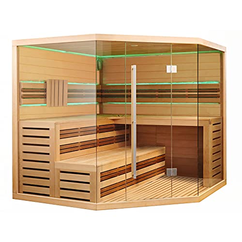 ALEKO Canadian Hemlock Wood Indoor Wet Dry Sauna with LED Lights and Upgraded Premium European 6 kW Harvia KIP Electric Heater 6 Person Accessories Included STHE6GLEN