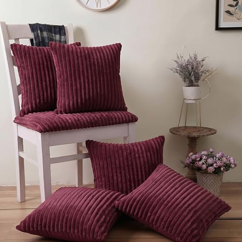 Image of Yellow Weaves Pencil-Stripe Fur Cushion Covers | Soft Polyester | Decorative Sofa & Throw Pillow Covers | 16x16 Inches, Pack of 5 (Maroon)