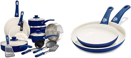 GreenLife Soft Grip - Juego de ollas y sartenes de cerámica saludable de 16 piezas, antiadherentes de cerámica saludable de agarre azul y suave,