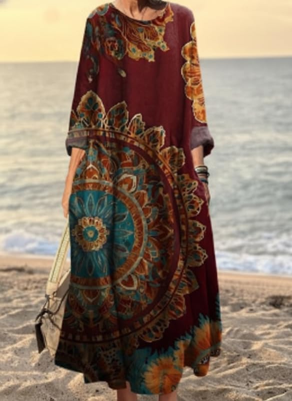 OSCORP Women’s Loose Maxi Dress – Flowy Long Sleeve Casual Dress with Prints, Round Neck Pockets Beach & Daily Wear 2026 - Image 2