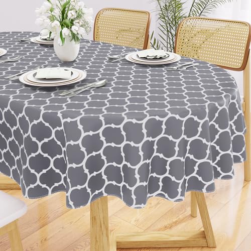 Image of Smiry Oval Table Cloth, Waterproof Vinyl Tablecloths with Flannel Backing for Oval Tables, Wipeable Spillproof Plastic Tablecloth for Dining, Camping, Indoor and Outdoor (60 inchx84 inch, Grey)