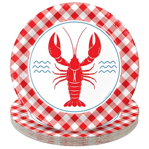 HOME & HOOPLA Seafood Party Supplies - Crawfish & Red Checkered Round Paper Dinner Plates for 16 Guests