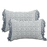 JAIJY Set of 2 Cotton Linen Pillow Covers with Tassels, Geometric Boho Handwoven Tufts Farmhouse Dec