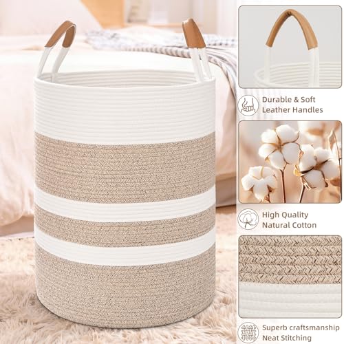 Image of Large Laundry Basket, Laundry Hamper with Leather Handles, 90L Woven Dirty Clothes Hamper, Rope Hampers for Bedroom, Barthroom, Brown
