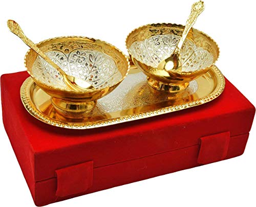 Image of Bowl Spoon Tray Set Silver Plated Dessert Dry Fruits Serving Diwali Christmas Eid Wedding Return Gifts Friends Family Housewarming Home Decoration Corporate (Minar)