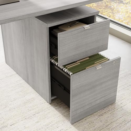 Image of Bush Business Furniture 60-inch Height Adjustable L Shaped Standing Desk with File Cabinet, Ergonomic Sit-Stand Computer Table for Office, Stratus Collection, Platinum Gray with Metallic Gray Base