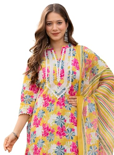 Image of Amayra Women's Pure Cotton Straight Kurta Set with Palazzo Pants & Dupatta|Ethnic wear|Kurti Suit Set for Women