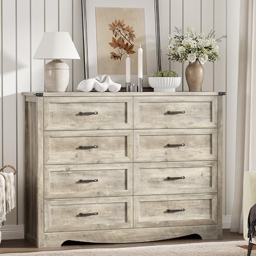 Image of Dresser for Bedroom with 8 Drawers, 48 inch Wide Wood Chest of Drawers with Deep Drawers & Mental Handle, Modern Dresser TV Stand, Wooden Closet Storage Organizer for Living Room, Hallway, Entryway, Grey