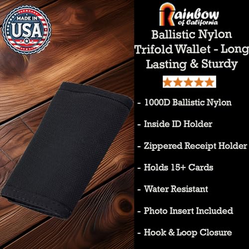 Nylon 1000 Denier Ballistic Trifold Wallet with ID Slot - Military-Strength Durable Water-Resistant Wallet with Zippered Compartment Long Lasting & Durable Made in USA (Black)3