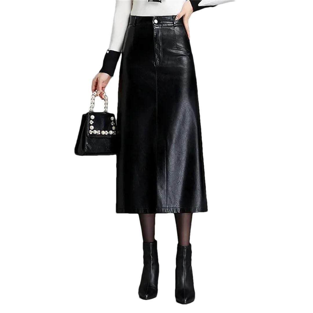 Womens High Waist Pu Leather Mid-Length Skirt Solid Front Slits Straight One Step Skirts