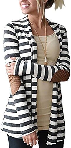 Women's Cardigan Elbow Patch Shawl Collar Summer Striped Open Front Cardigan Sweaters Coat Outwear