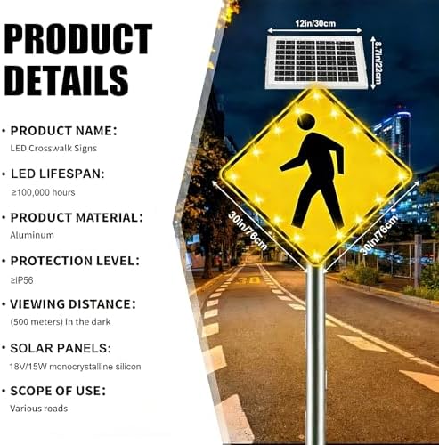 Solar-Powered LED Pedestrian Crossing Sign, 24"/30" Rust-Free Aluminum Traffic Sign with 16 Bright LEDs & Reflective Film for Enhanced Safety & Visibility