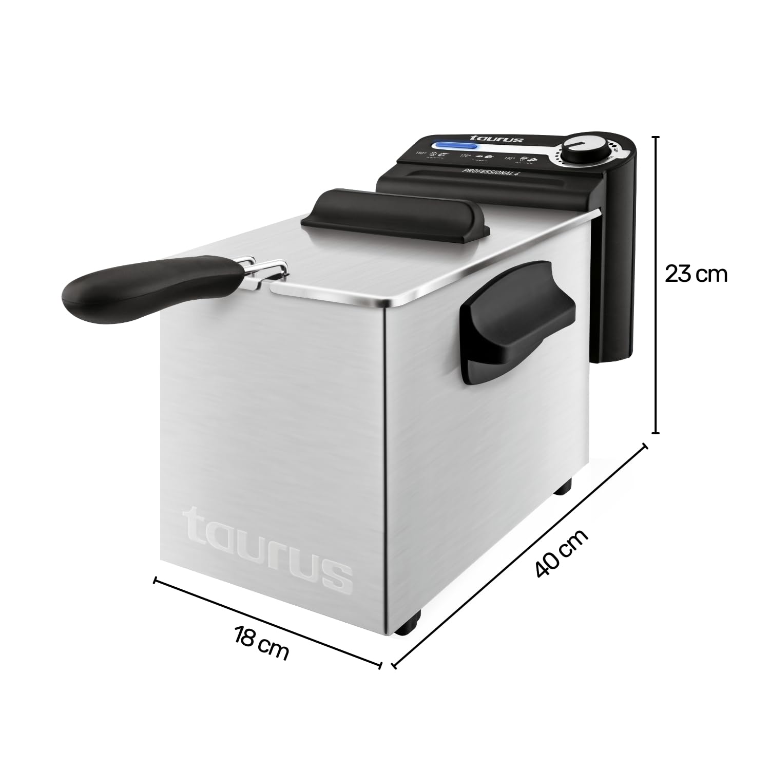 Taurus Professional 4 - Friteuse électrique 2200W, 4L, Position égouttage huile, pour 5 à 6 portions, Température réglable, Inox, Noir