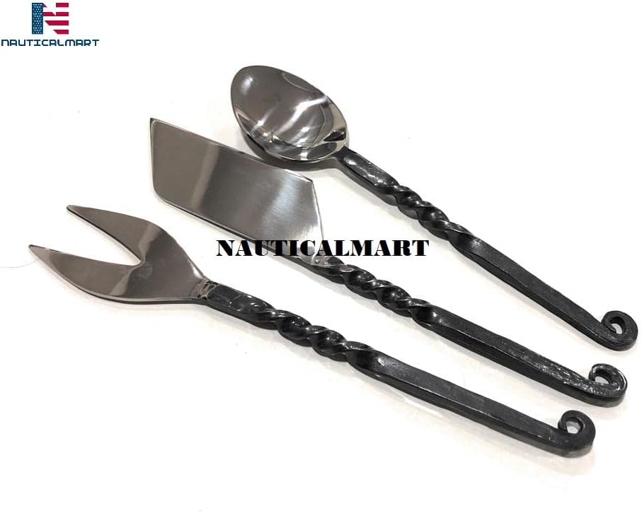 Medieval Cutlery Set with Leather Pouch Hand Forged Eating/Feasting Flatware Utensils Viking Style Kitchen Accessories Sets for Camping, Indoor & Outdoor