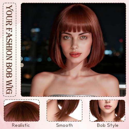 Image of PLULON Brown Short Bob Wig with Bangs for Women, Colorful Neon Short Bob Synthetic Hair Wigs with Hair Cap Heart Sunglasses for Adults Men Daily Bachelorette Halloween Costume Party Supplies